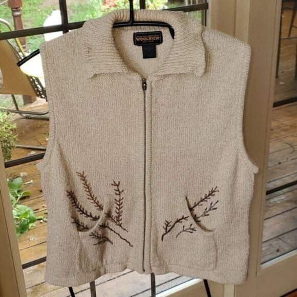 Woolrich Sz. M Embroidered Fall Wheat Zippered Collared Winter Vest with Pockets - Picture 2 of 7